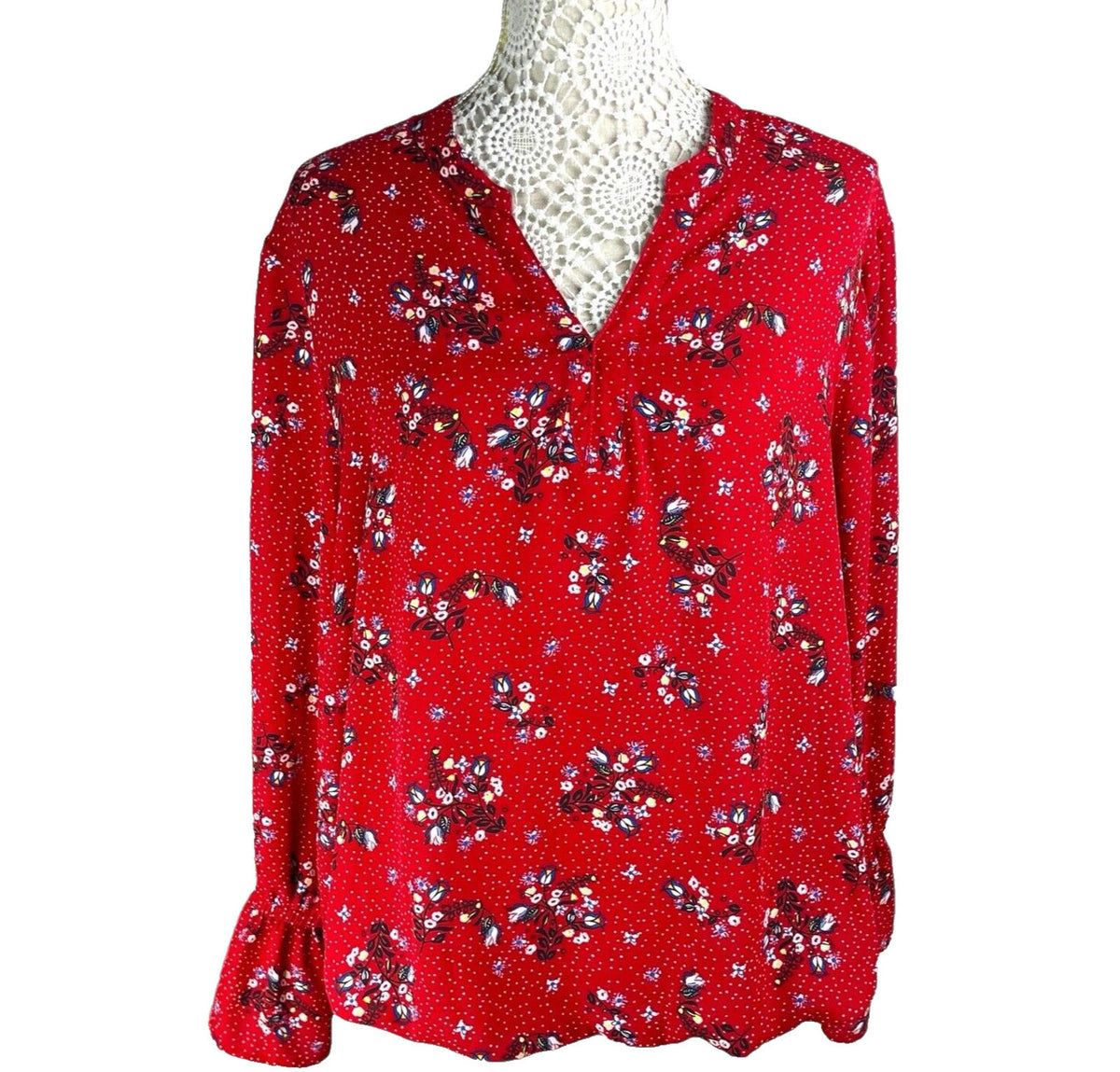 Kiabi Shirt Blouse Red Floral Long Sleeve Women's UK Size L