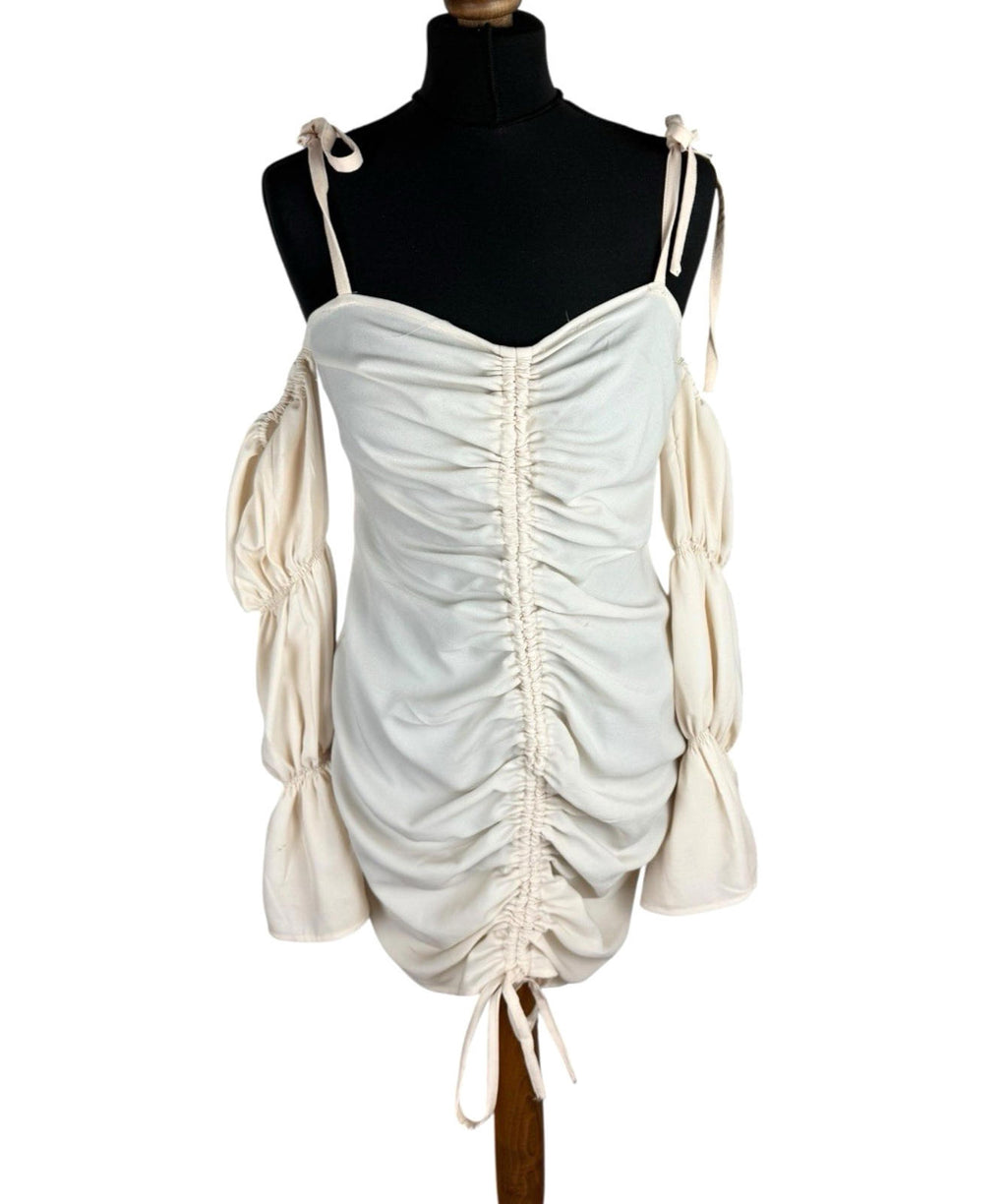 Boohoo Cream Mini Dress Ruffle Off The Shoulder Women's UK Size 12
