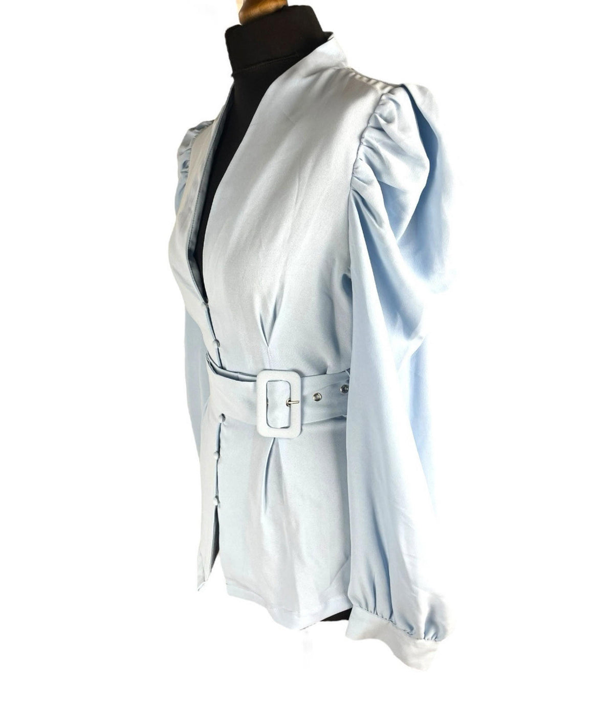 Style LightBlue In The Style Blouse Women's UK Size 10 Belted Waist Puff Shoulder Sleeves Plunge