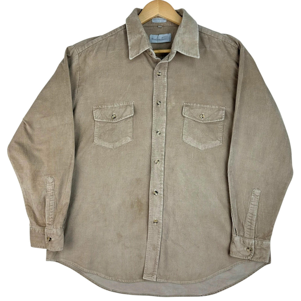 Windbreaker Corduroy Shirt Men's UK Size XL Beige Pockets Long Sleeve
