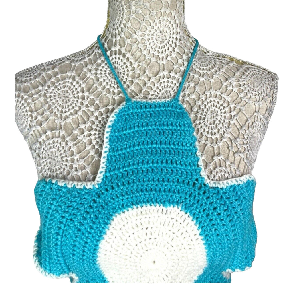 Blue Knit Flower Crop Top Backless Women's UK Size S