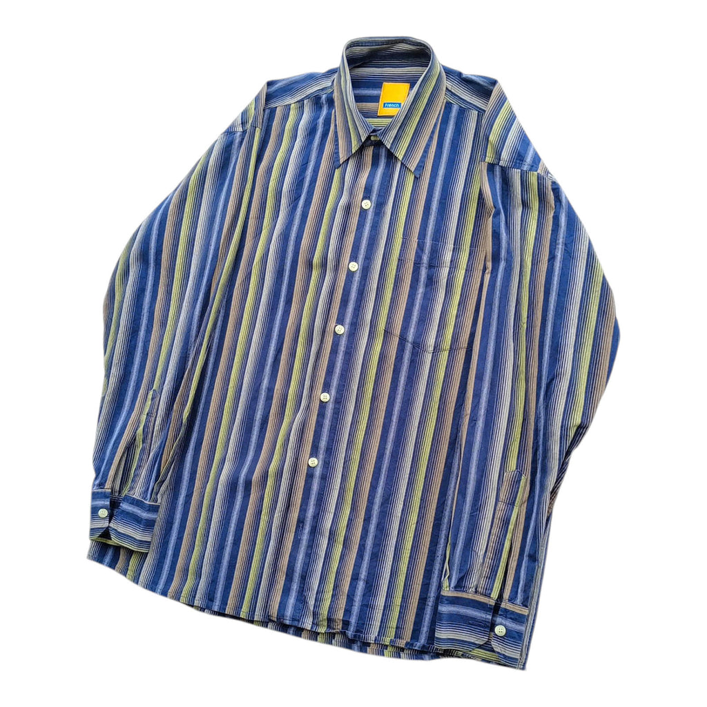French Shirt Long Sleeve Blue Striped Pocket UK Men's Size 2XL XXL Collar 15"