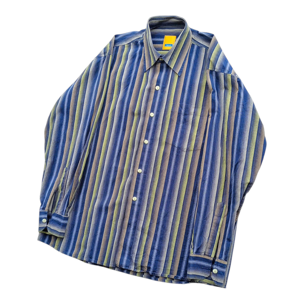 French Shirt Long Sleeve Blue Striped Pocket UK Men's Size 2XL XXL Collar 15"