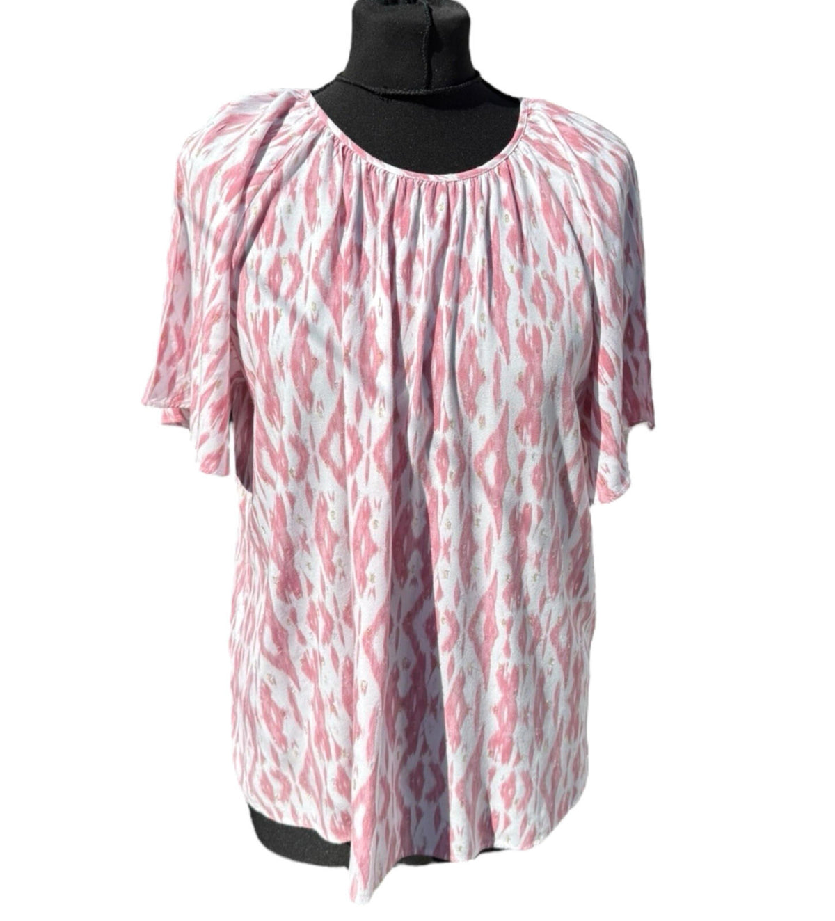 Papaya Pink White T-Shirt Blouse Gold Shimmer Geometric Print Women's UK Size 14