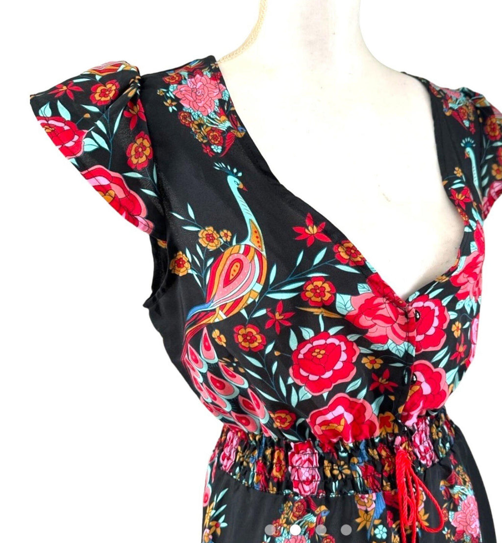 Floral & Peacock Maxi Dress Women's UK Size L Multi Length Button Down Front