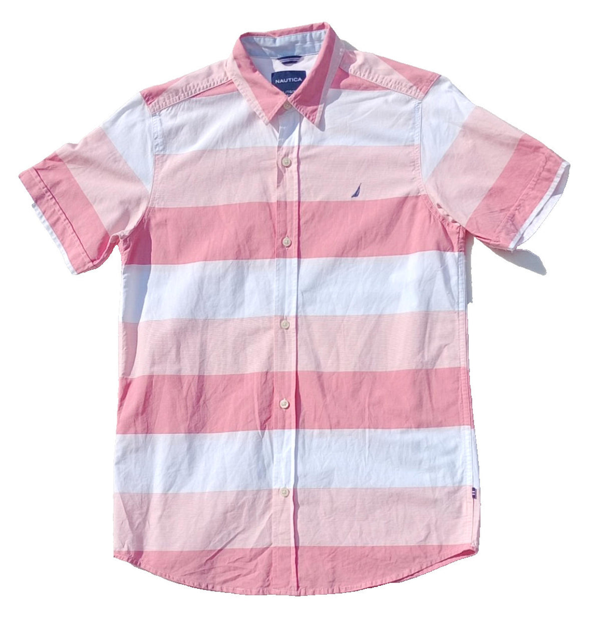 Nautica Shirt Men's UK Size S Pink Stripe Short Sleeve Pockets 100% Cotton
