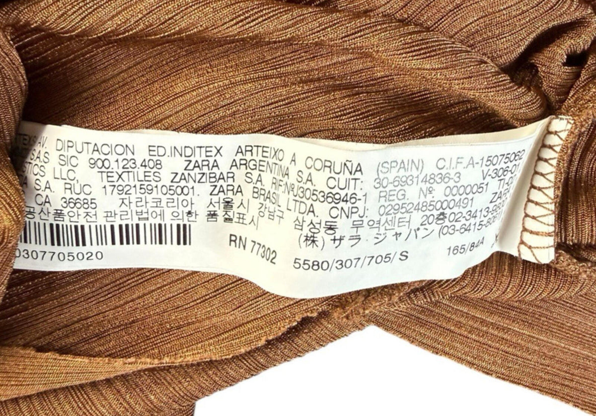 ZARA Brown Zara Long Sleeve Tunic Top Women's UK Size S Side Slit Brown Fine Stripe V-Neck