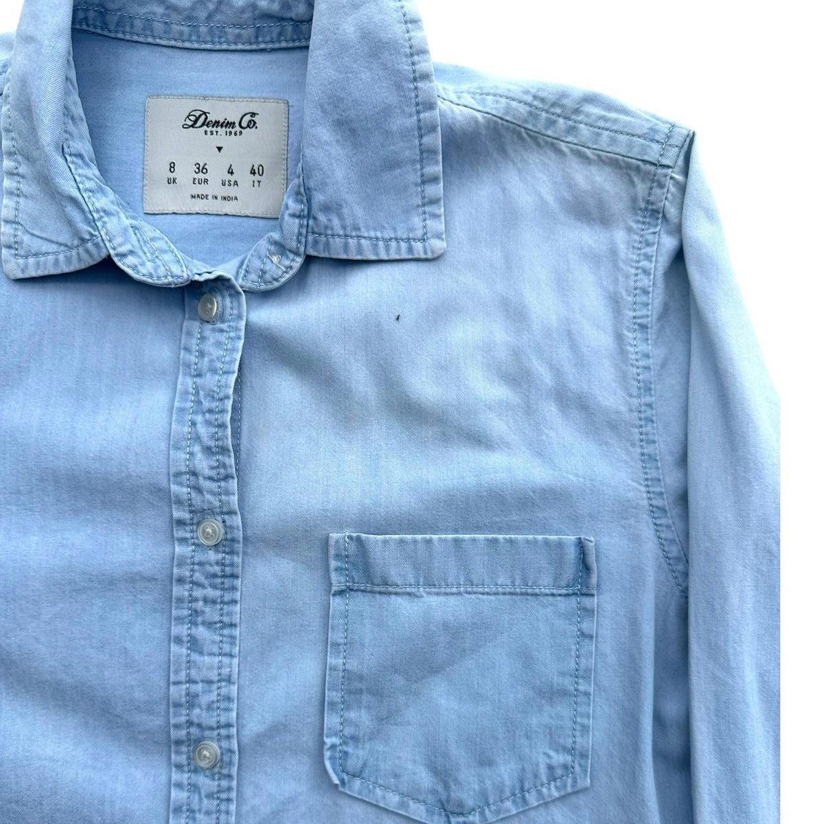 Denim Co Shirt Women's UK Size 8 Blue Long Sleeve Pocket Summer Button Front