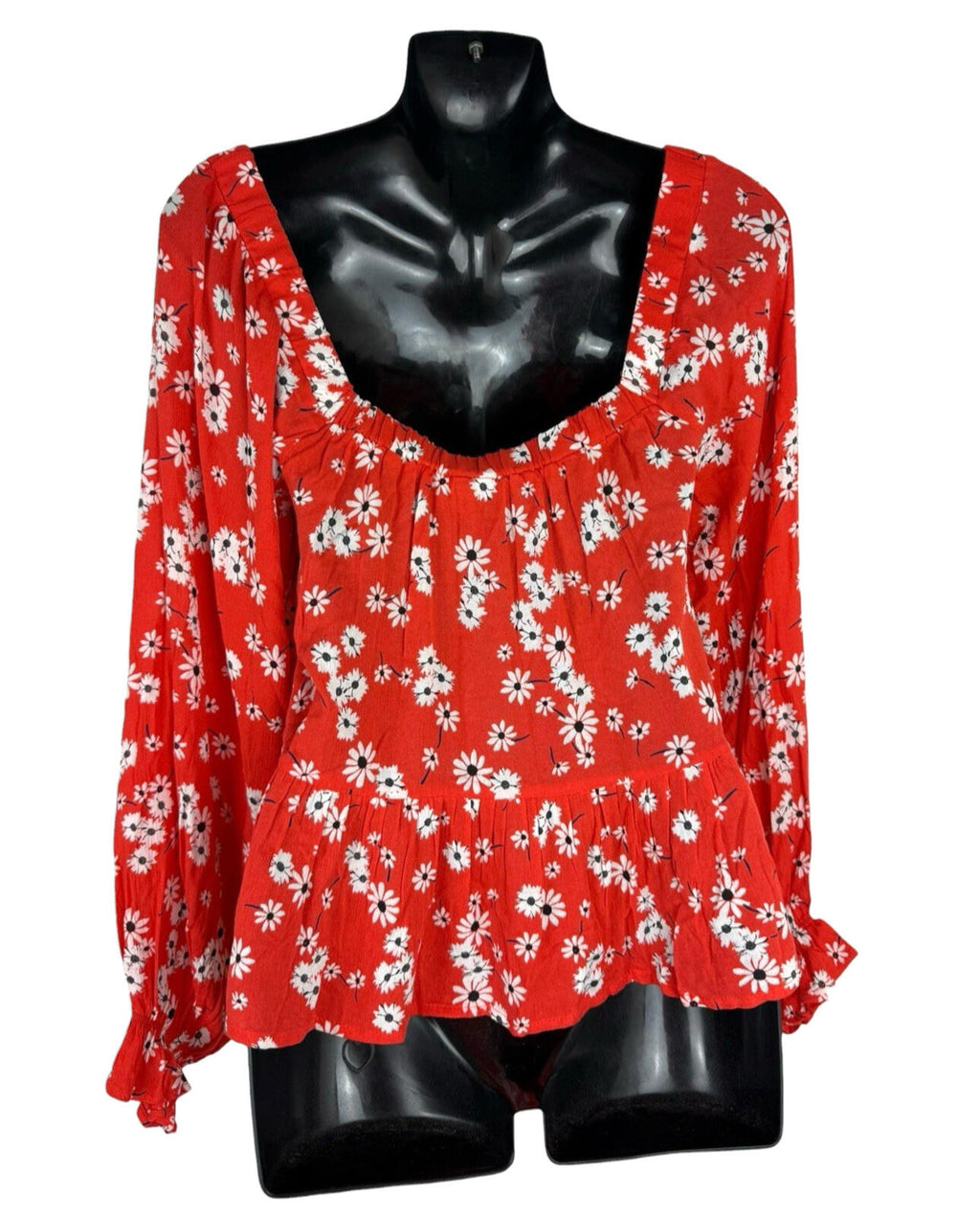 ASOS Red ASOS Square Neck Crinkle Smock Top Women's UK Size 8 Red Floral Elasticated Cuff