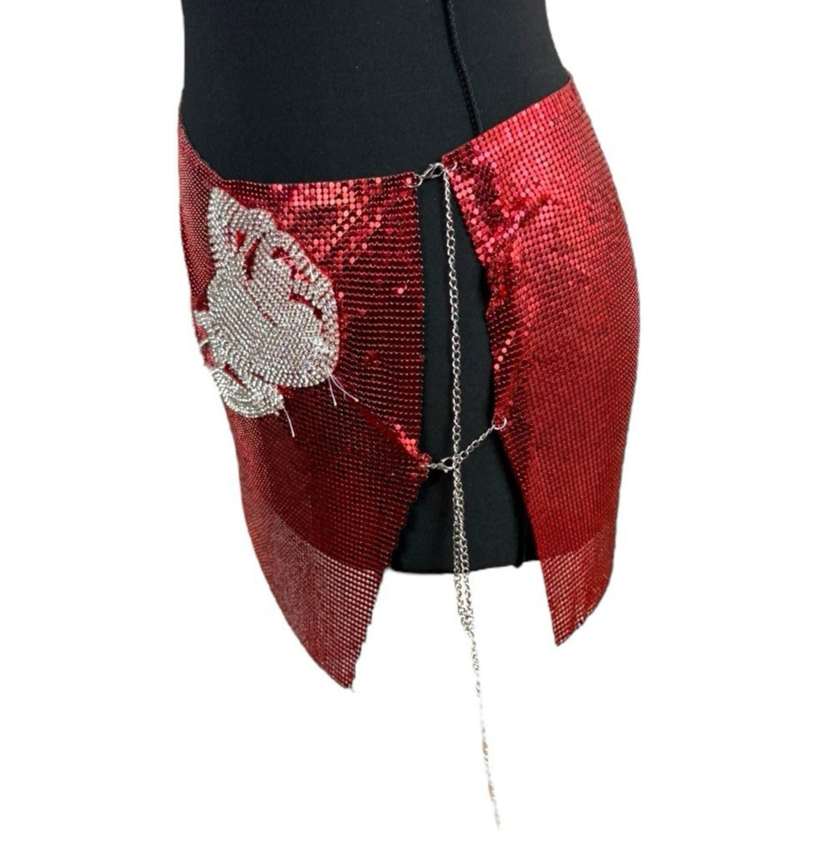 Pretty Little Thing Red Metal Mesh Mini Skirt Open Side Women's UK Size 8