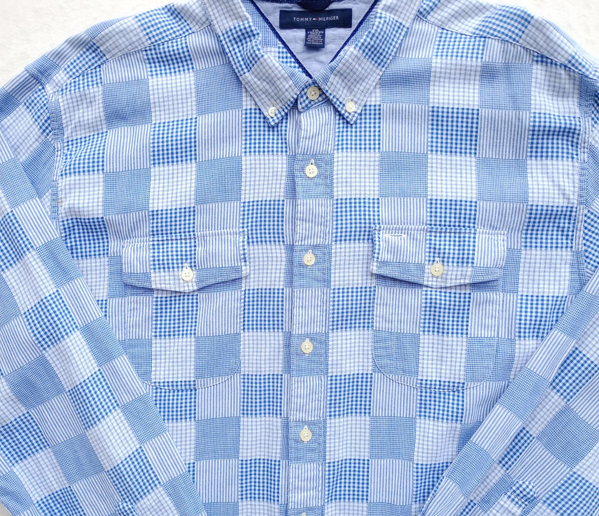 Tommy Hilfiger Men's UK Size 2XL Blue Check Long Sleeve Pockets Easy Care