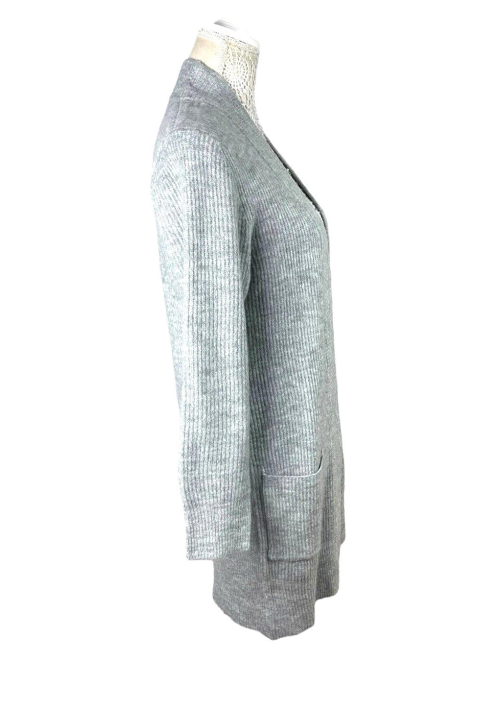 New Look Longline Knit Cardigan Women's UK Size S Grey Ribbed Open Front Pockets