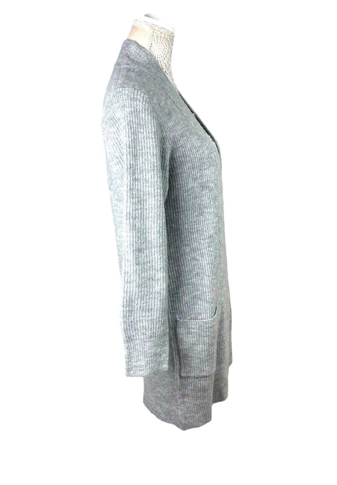 New Look Longline Knit Cardigan Women's UK Size S Grey Ribbed Open Front Pockets