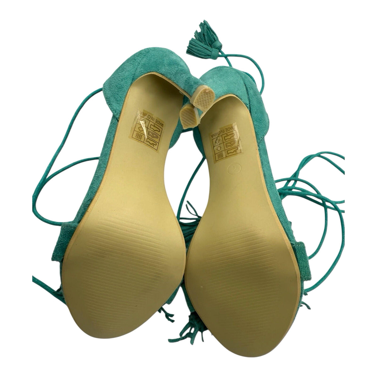 No Doubt DarkGreen No Doubt Strap Up Stiletto Shoes Women's UK Size 4 Open Tasseled Toe Green Suede