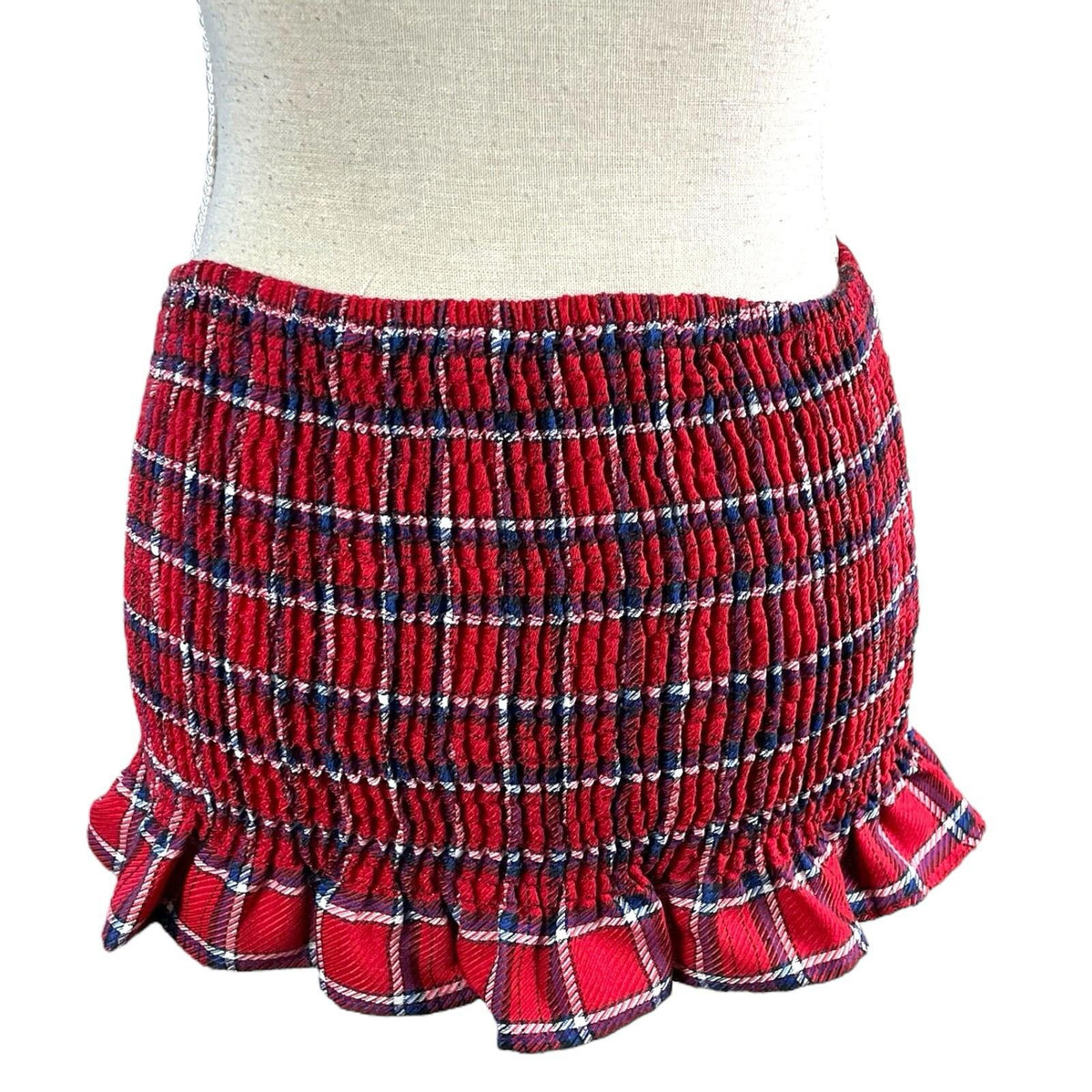China Base Red Tartan Mini Skirt Shirred High Waist Women's UK Size 8