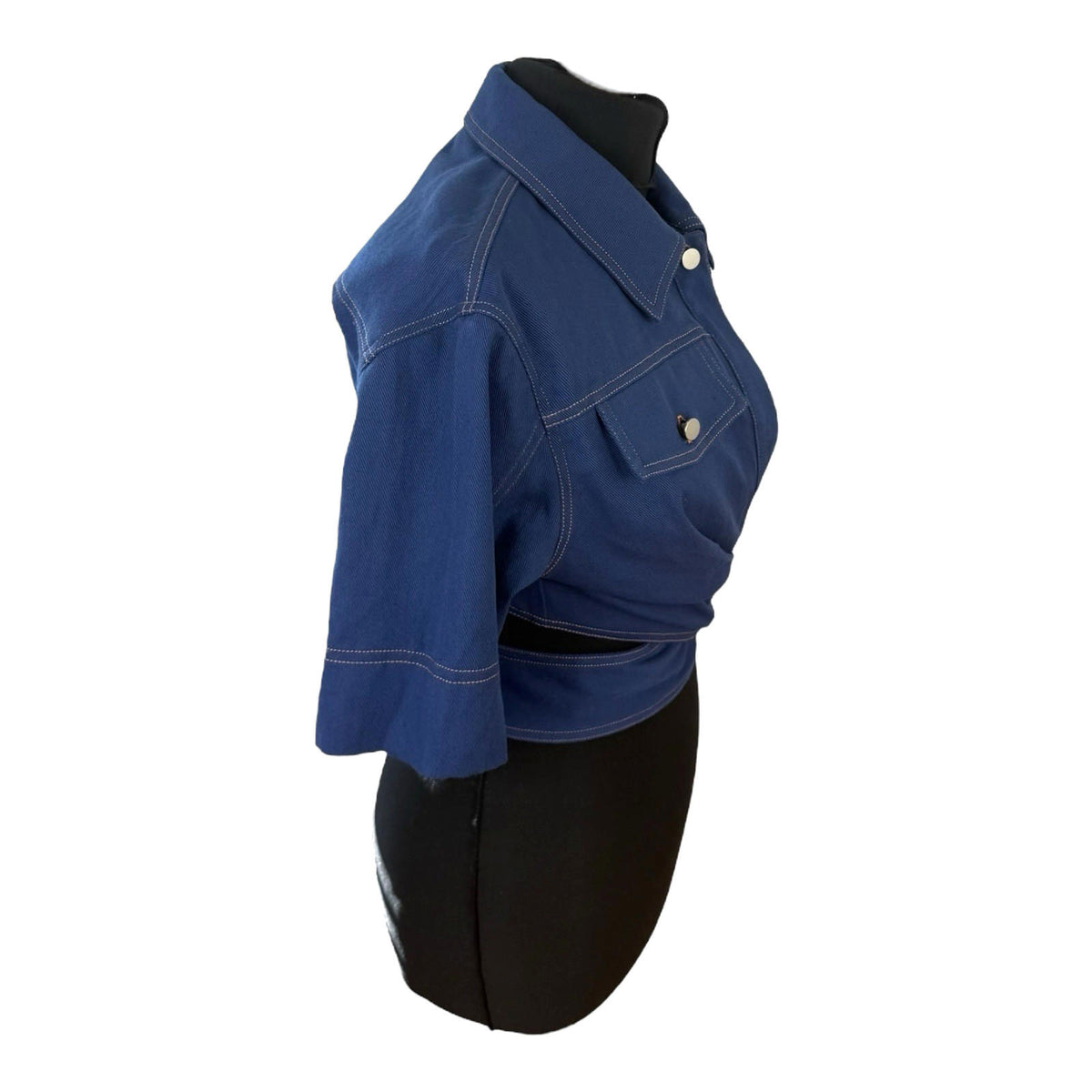 Navy Cropped Denim Shirt Women's UK Size 8 Blue Twist Cutout Detail 3/4 Sleeve Top