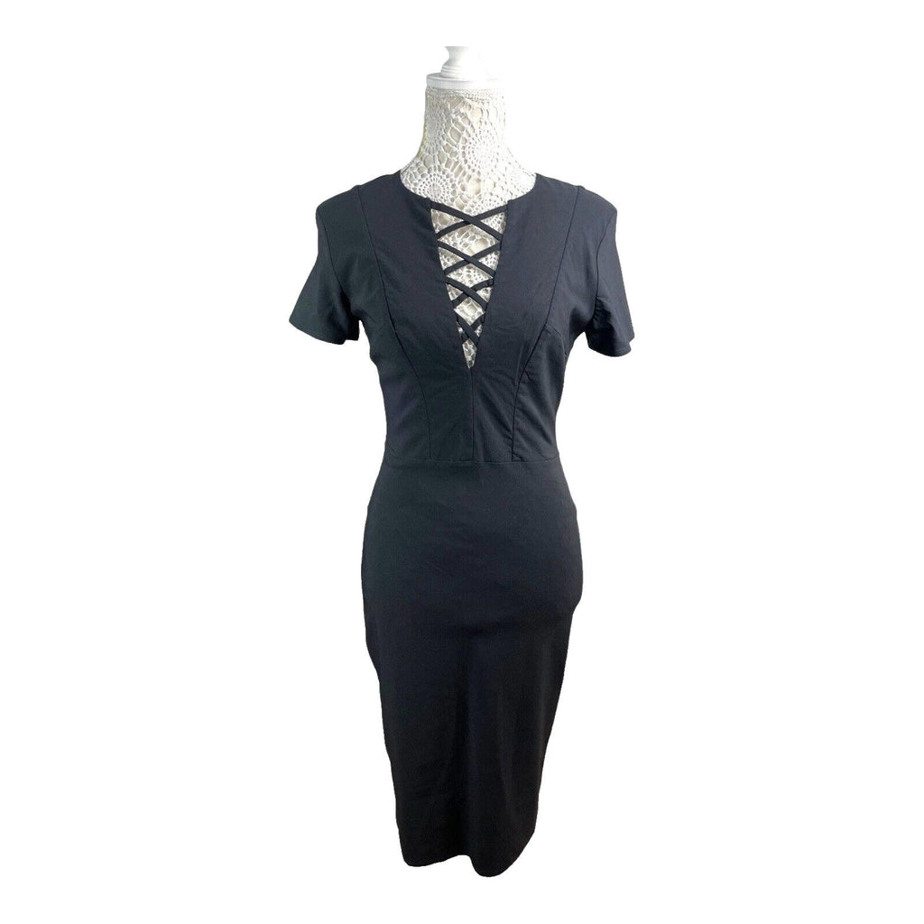 Amy Childs Black Midi Dress Fitted Stretch Women's UK Size 12