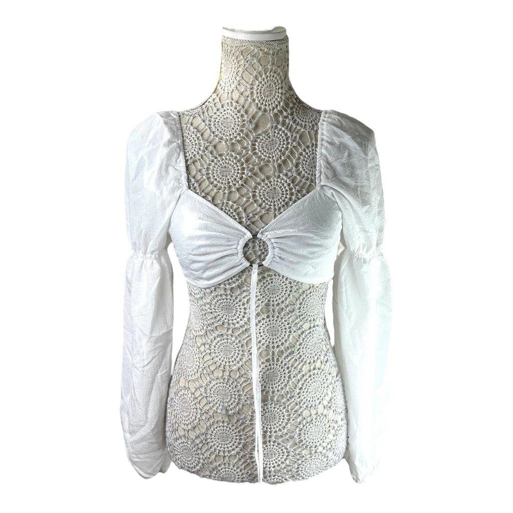 Divided White Puff Sleeve Crop Top Silver Ring Eyelet Women's UK Size S
