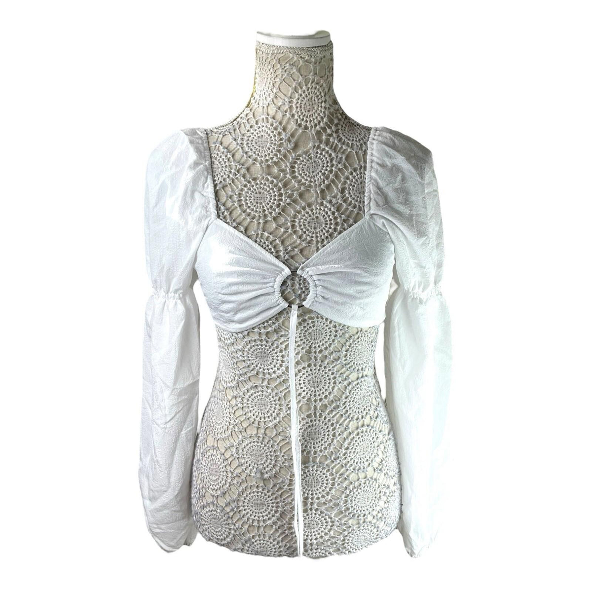 Divided White Puff Sleeve Crop Top Silver Ring Eyelet Women's UK Size S