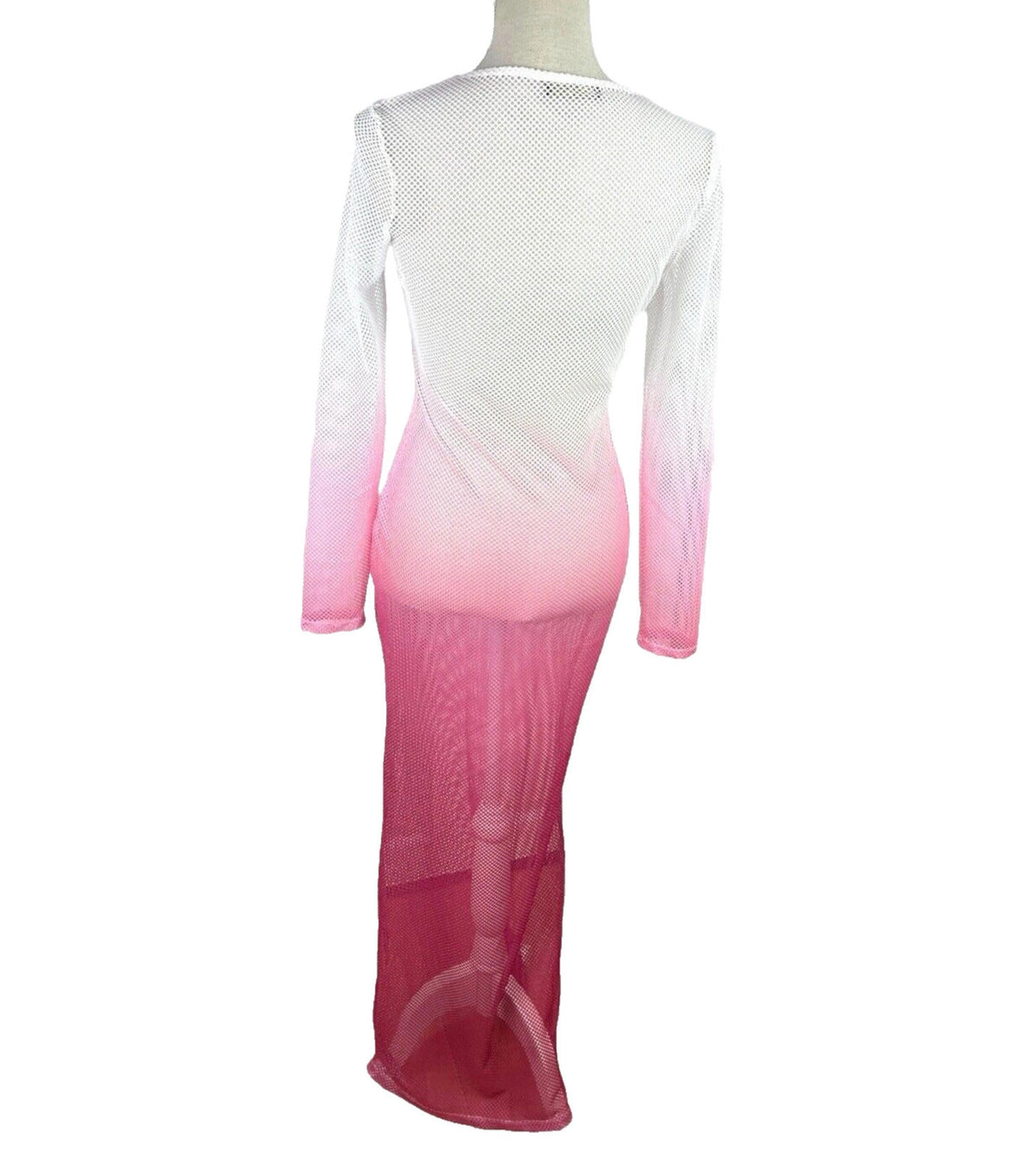 Maxi Dress Sheer Mesh Pink Ombré Low Cut Long Sleeve Women’s UK Size 10