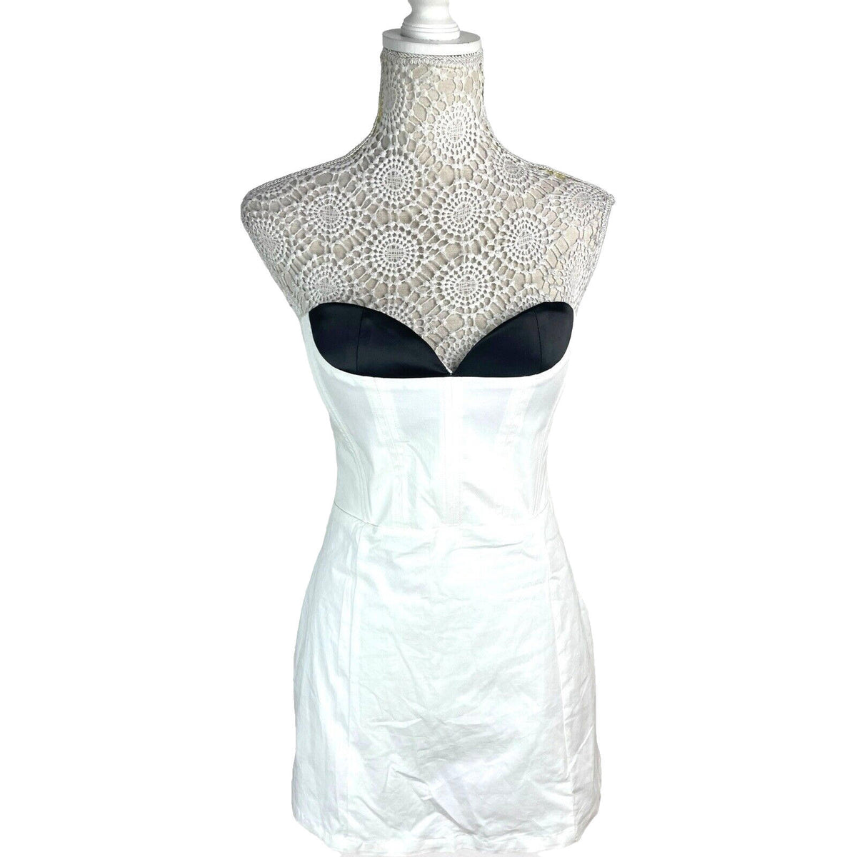 Bodycon Mini Dress Women's UK Size 8 White Denim Strapless Padded Sweetheart