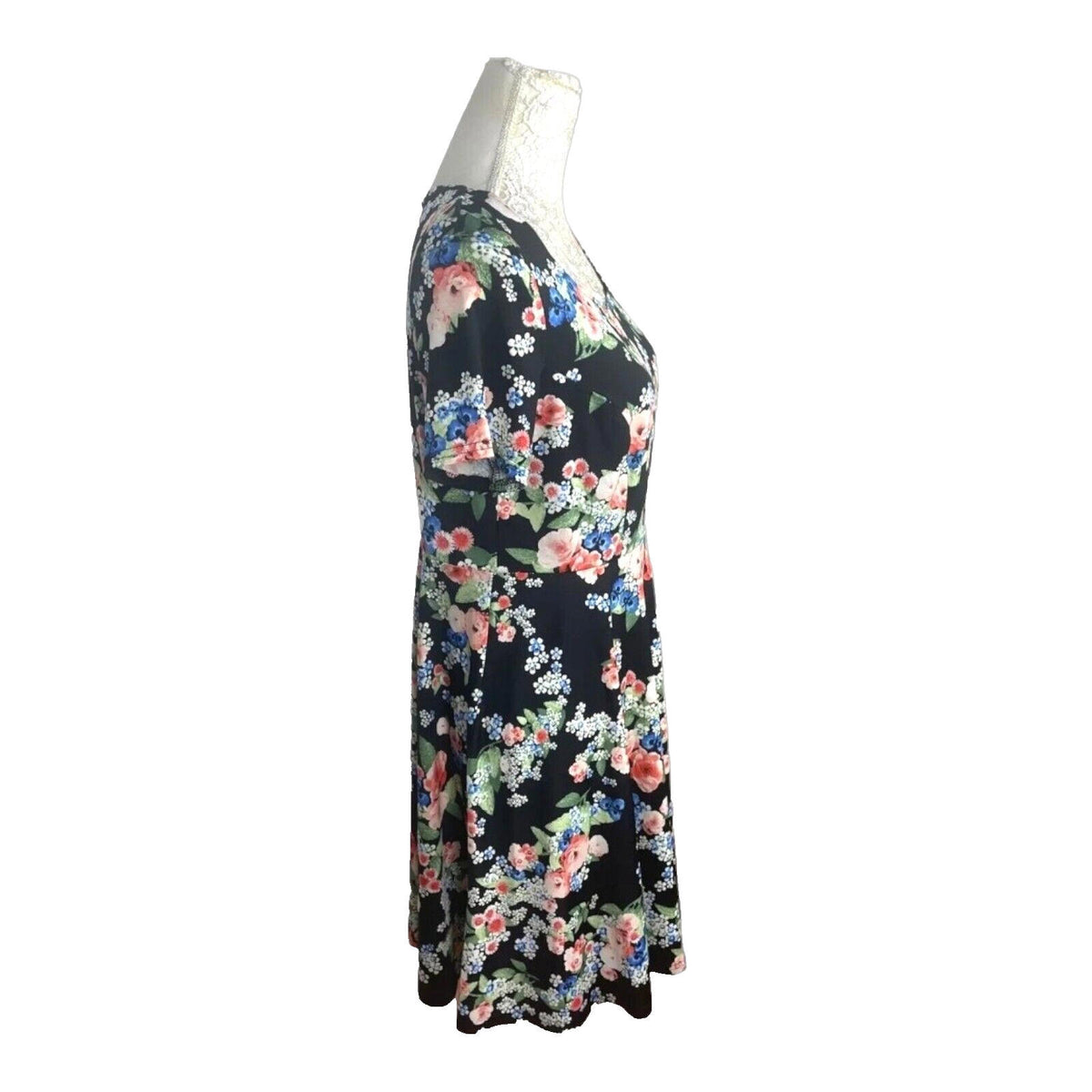Anthology Floral Midi Dress Women's UK Size 12 Black Short Sleeve Round Neck