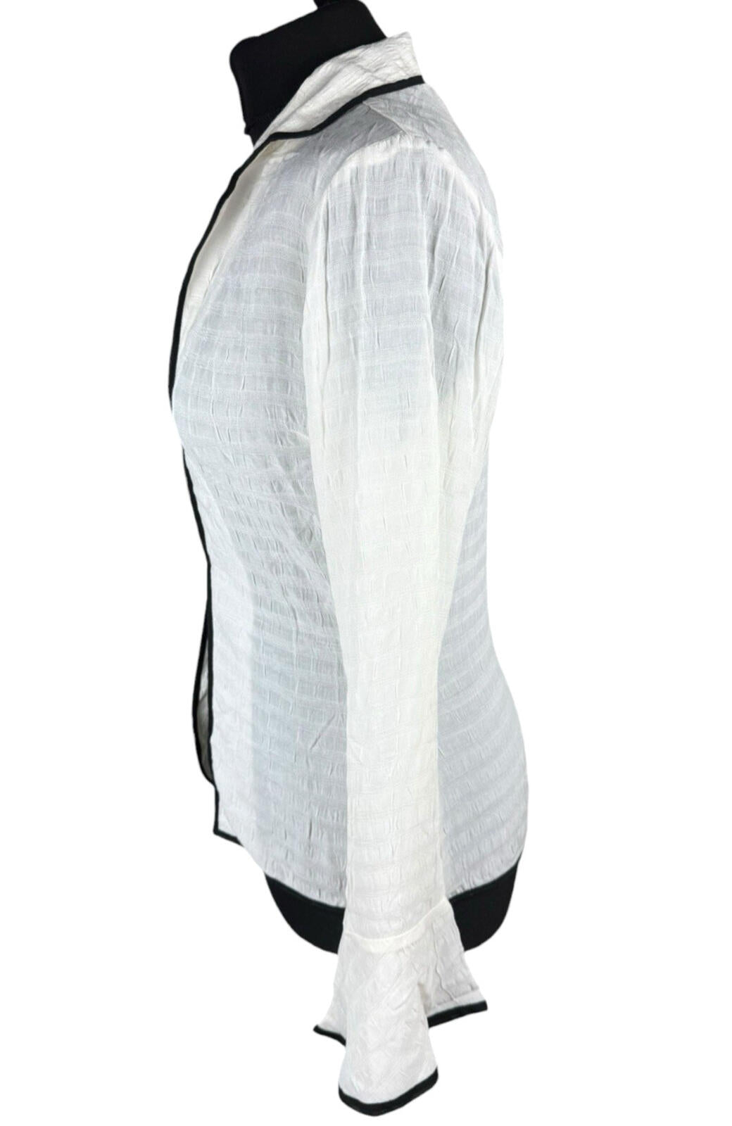 White Linen Blazer Blouse Top Women's UK Size S Flared Sleeves Ivory & Black Piping