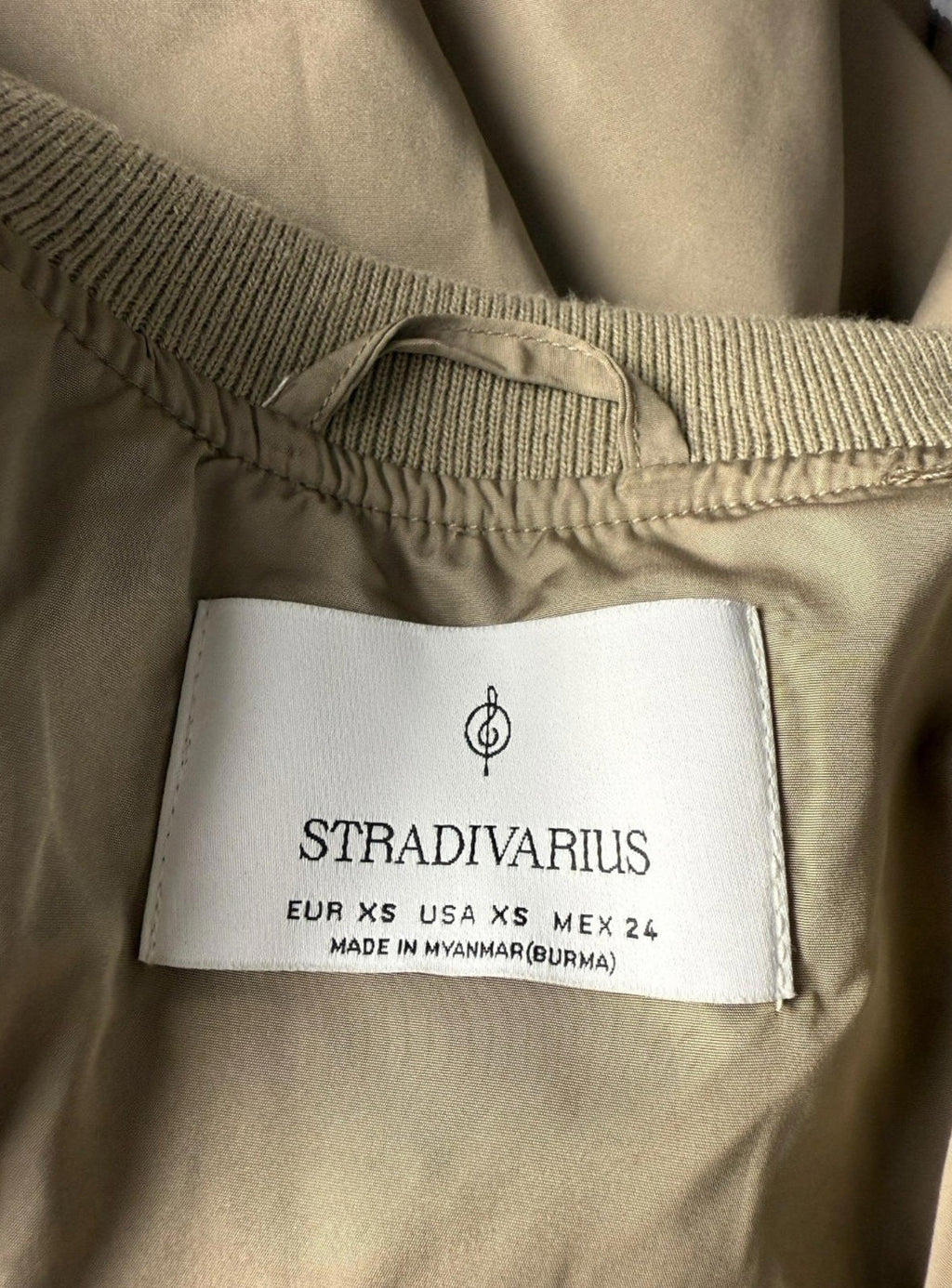 Stradivarius Oversized Bomber Jacket Coat Beige Mid Length Zip Up Women's UK Size XS