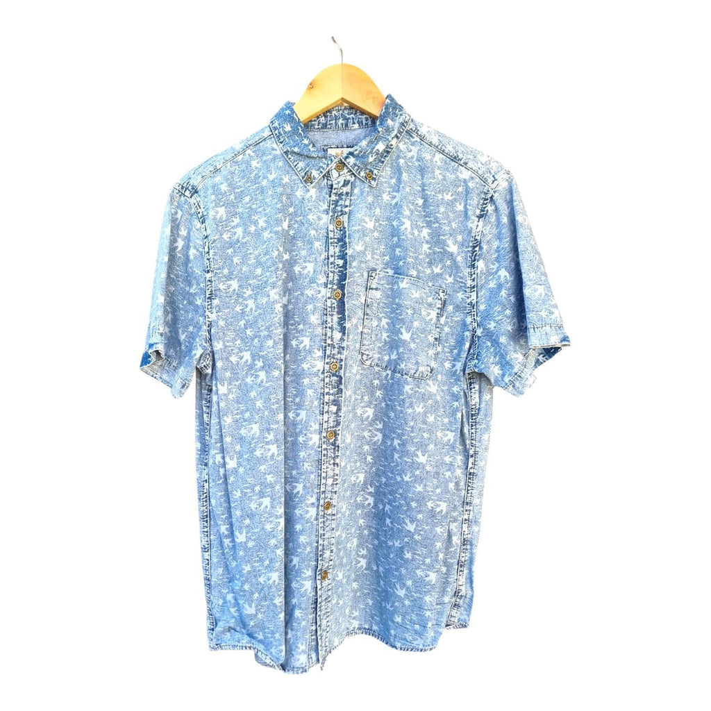 River Island Denim Shirt Blue Short Sleeve Bird Pattern Men's UK Size Large