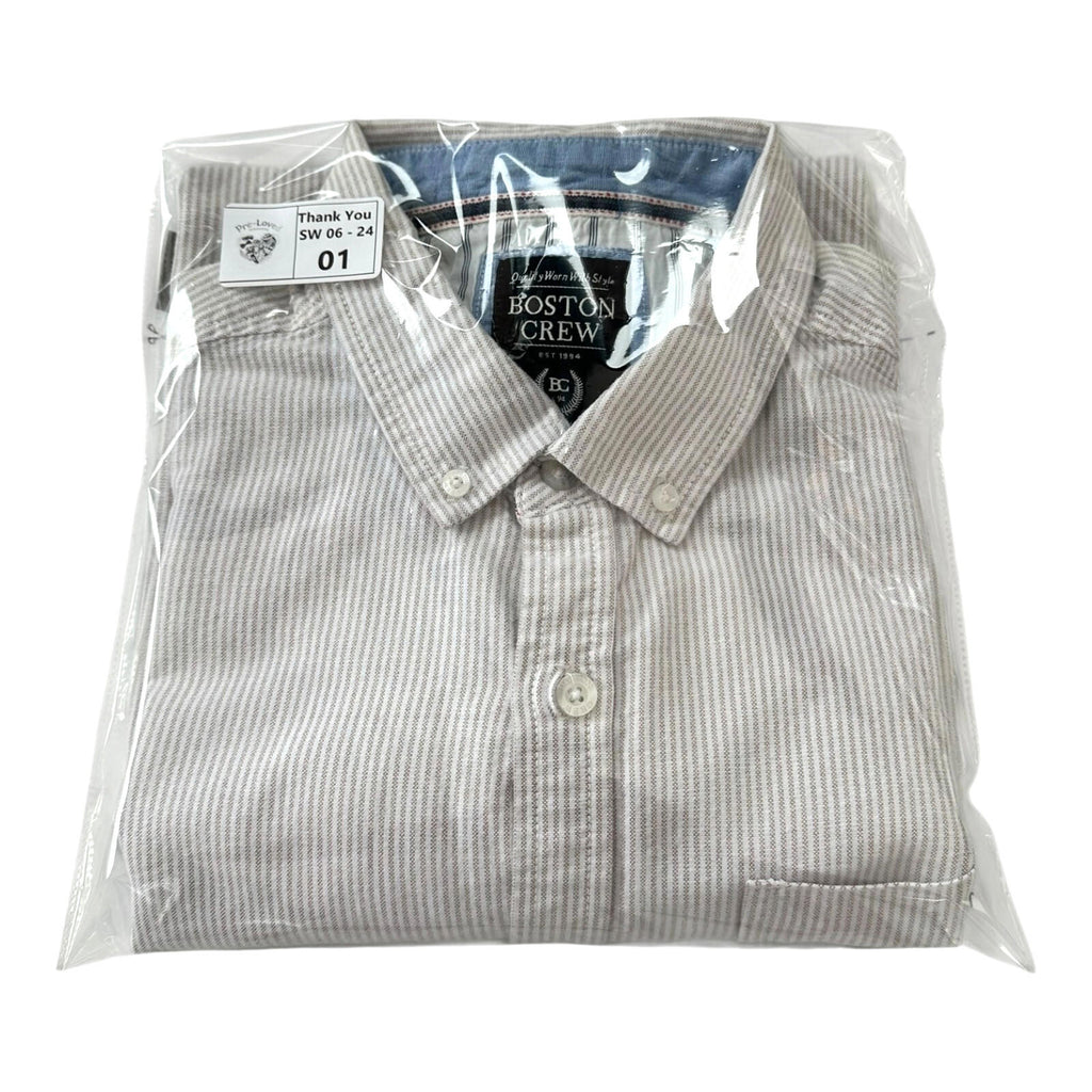 Boston Crew Shirt Men's UK Size XL White & Beige Stripe Casual Short Sleeve
