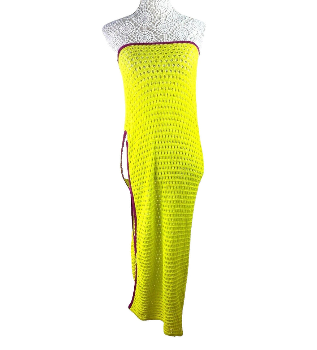 Strapless Crochet Maxi Dress Women’s UK Size 8 Lime Green High Cut Out Side Slit