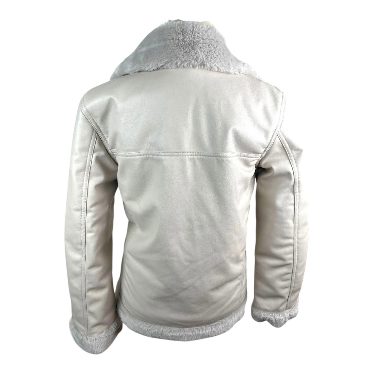 Divided Greige Faux Leather Jacket Fur Trim Collar Women's UK Size XXS