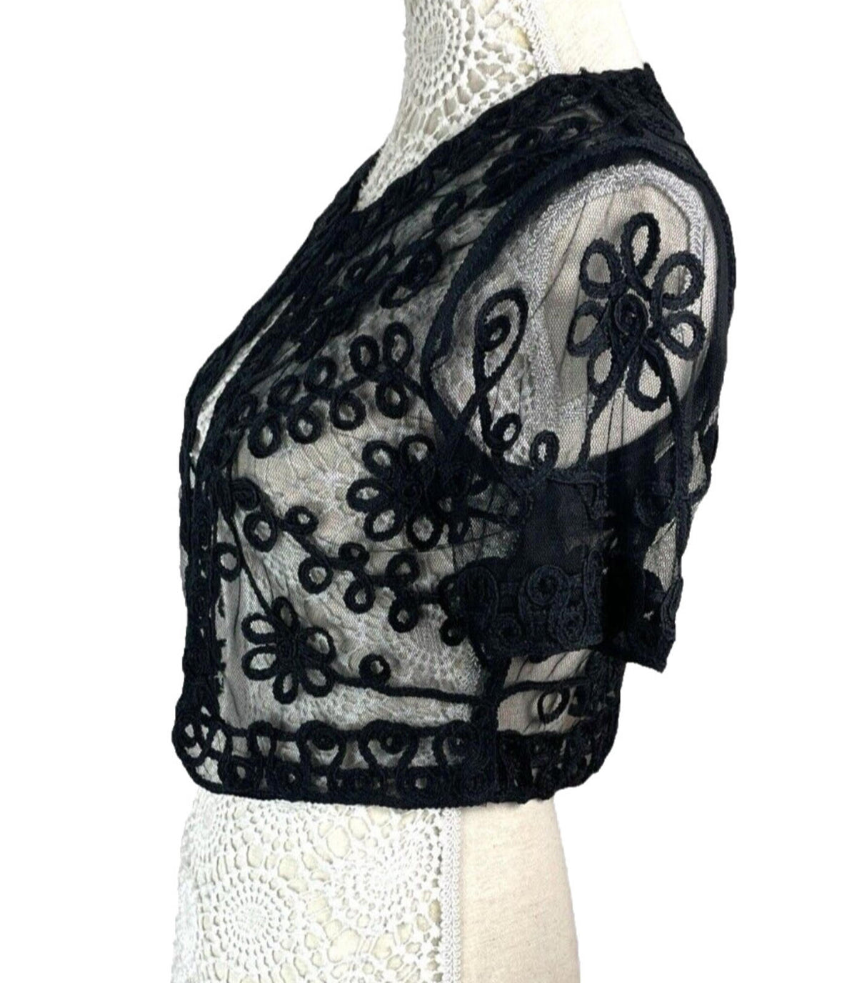 Quiz Sheer Lace Black Cropped Cardigan Floral Mesh Women's UK Size S