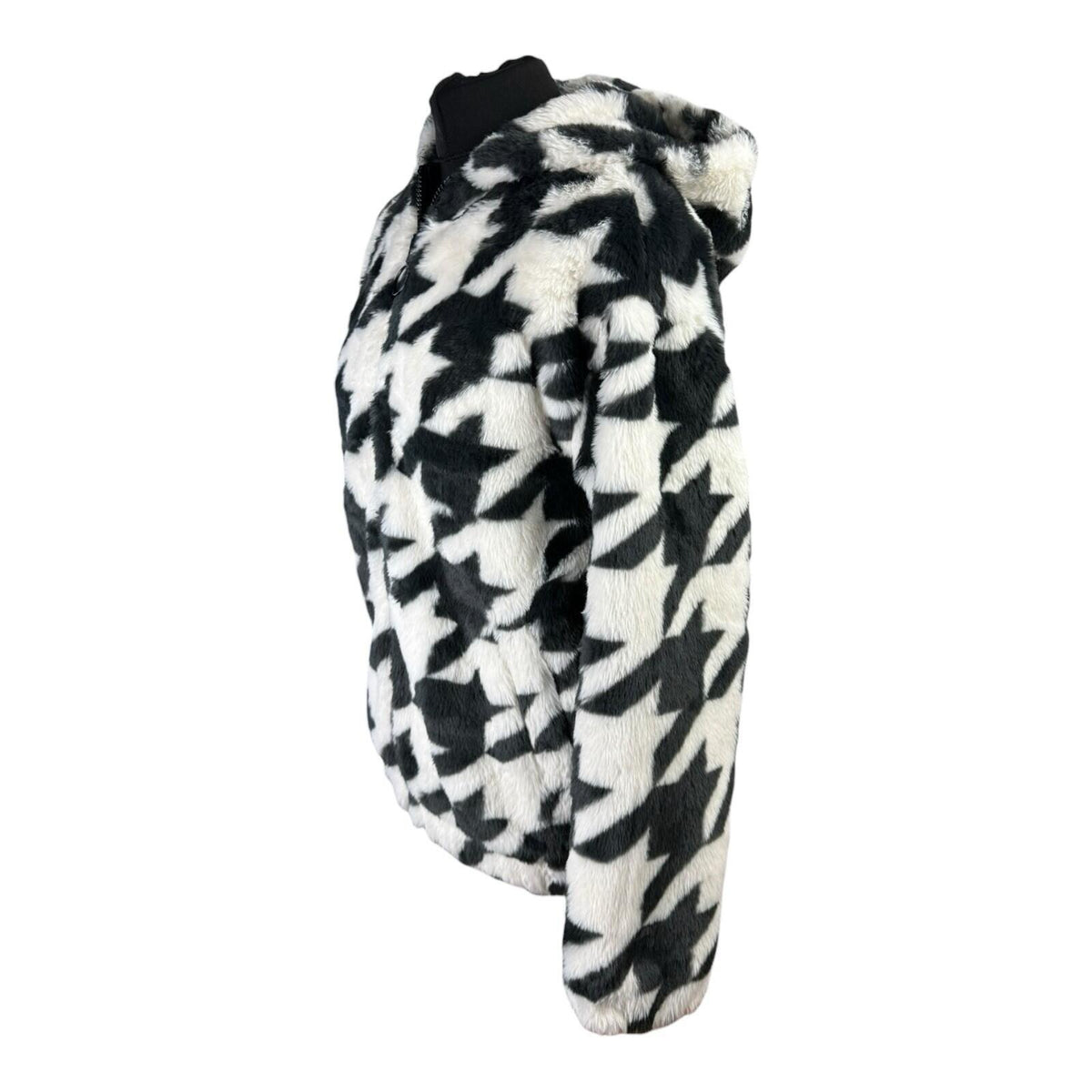 Divided Faux Fur Bomber Jacket Women's UK Size XS Hooded Pockets Houndstooth