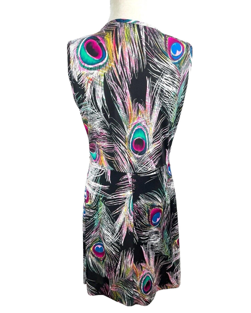 Peacock Feather Print Midi Dress Women’s UK Size M Sleeveless Ruched Waist
