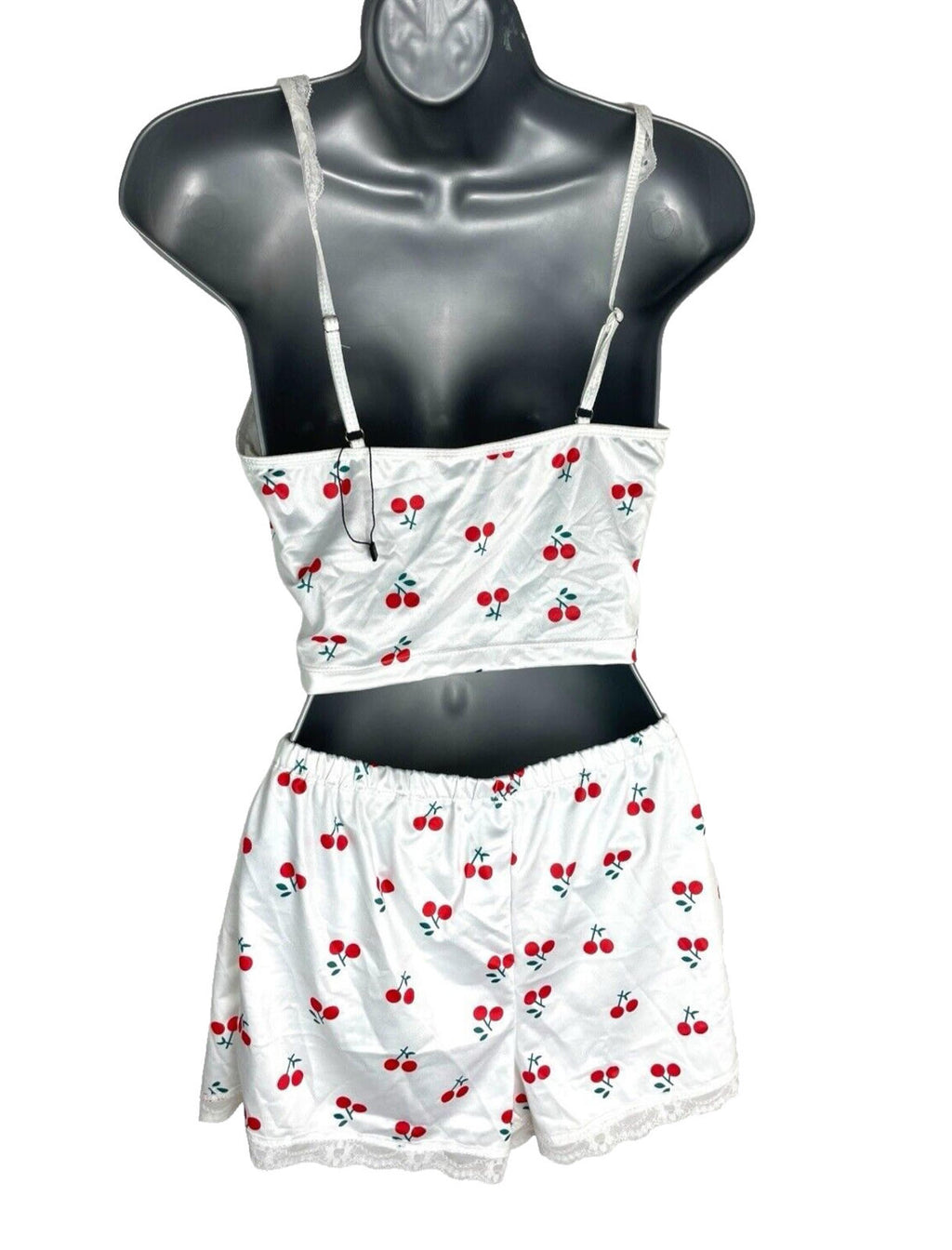 White Satin Shorts & Crop Top Co Ord Cherry Print Women's UK Size 6-8