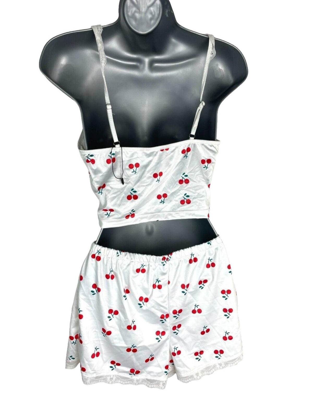 White Satin Shorts & Crop Top Co Ord Cherry Print Women's UK Size 6-8