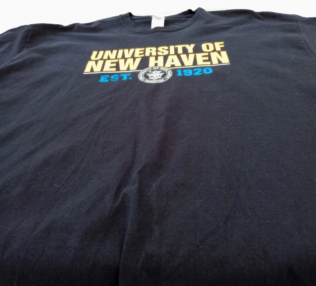 Gildan Black Graphic Print T-Shirt Men's UK Size 2XL Black Crew Neck 100% Cotton University