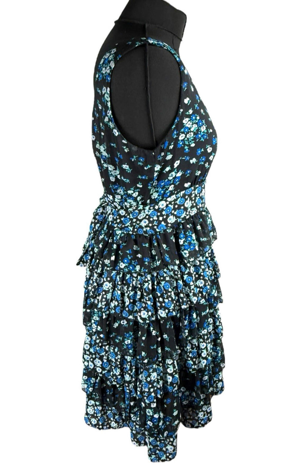 Austin Black Floral Mini Dress Ruffle Layers Tie Back Women's UK Size 18