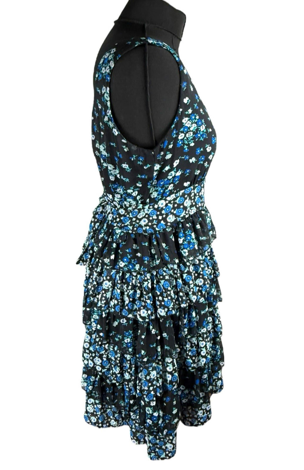 Austin Black Floral Mini Dress Ruffle Layers Tie Back Women's UK Size 18