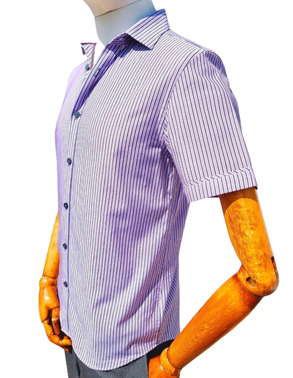 Jeff Banks Mens Shirt Small Purple White Stripe Short Sleeve Cotton Casual Smart