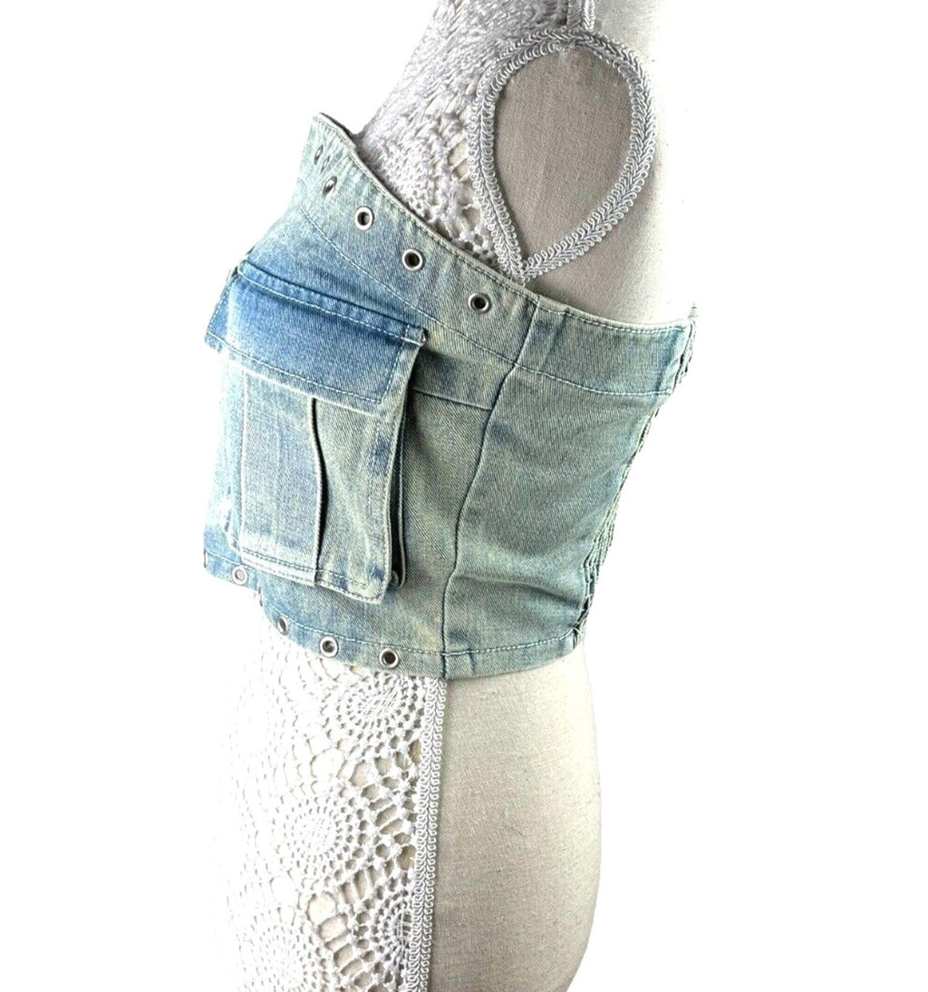 London Crew Light Wash Denim Crop Top Women's UK Size 8 Blue Pockets Shirred