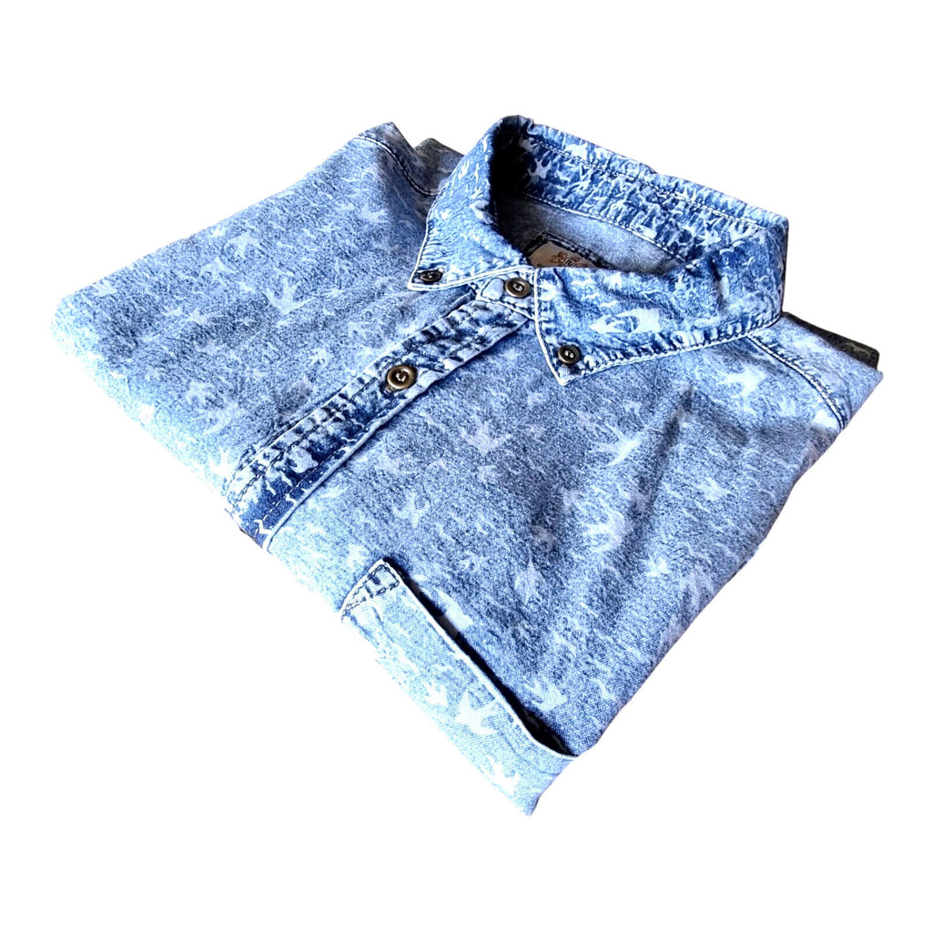 River Island Denim Shirt Blue Short Sleeve Bird Pattern Men's UK Size Large