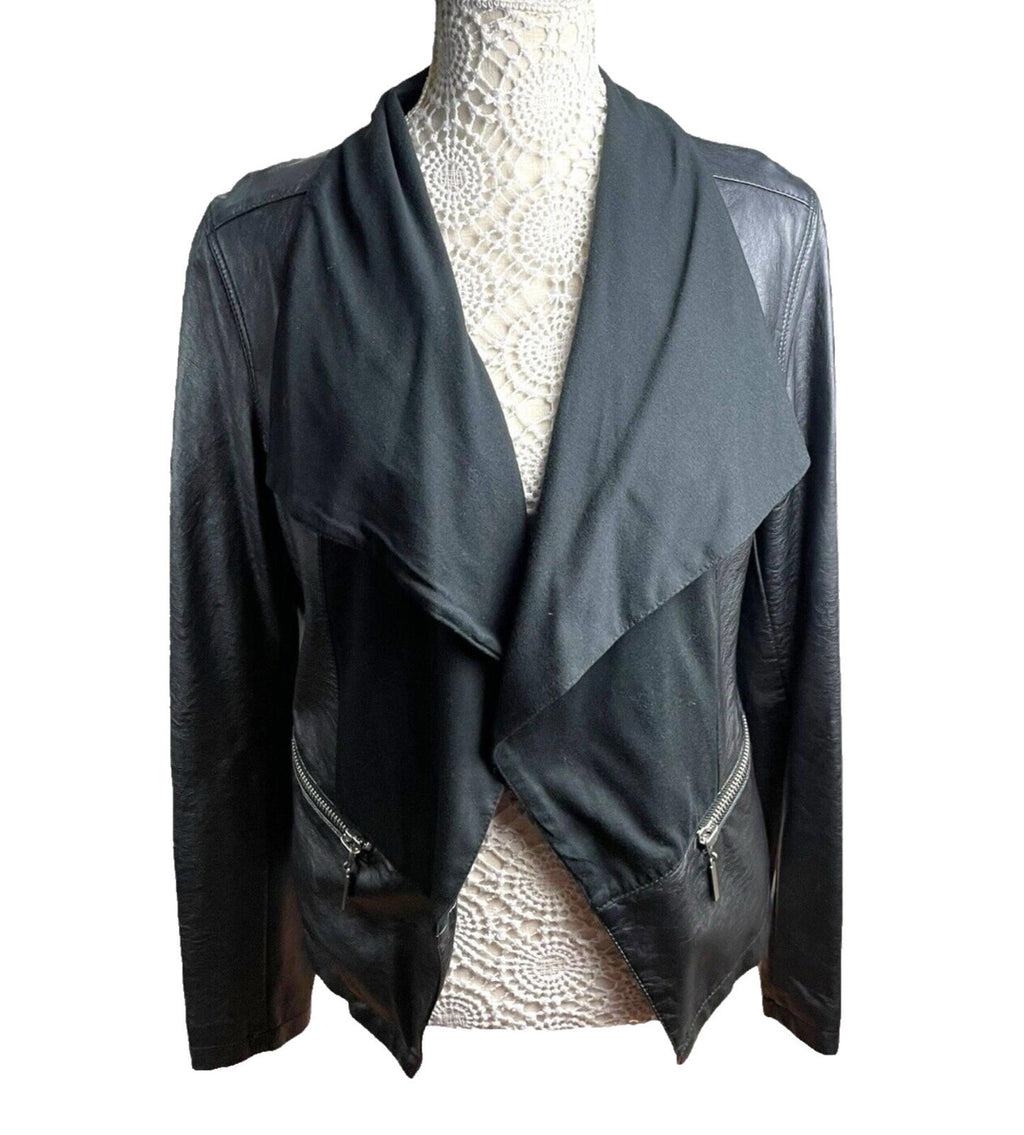Lipsy Black Faux Leather Biker Jacket Collared Open Front Women’s UK Size 12