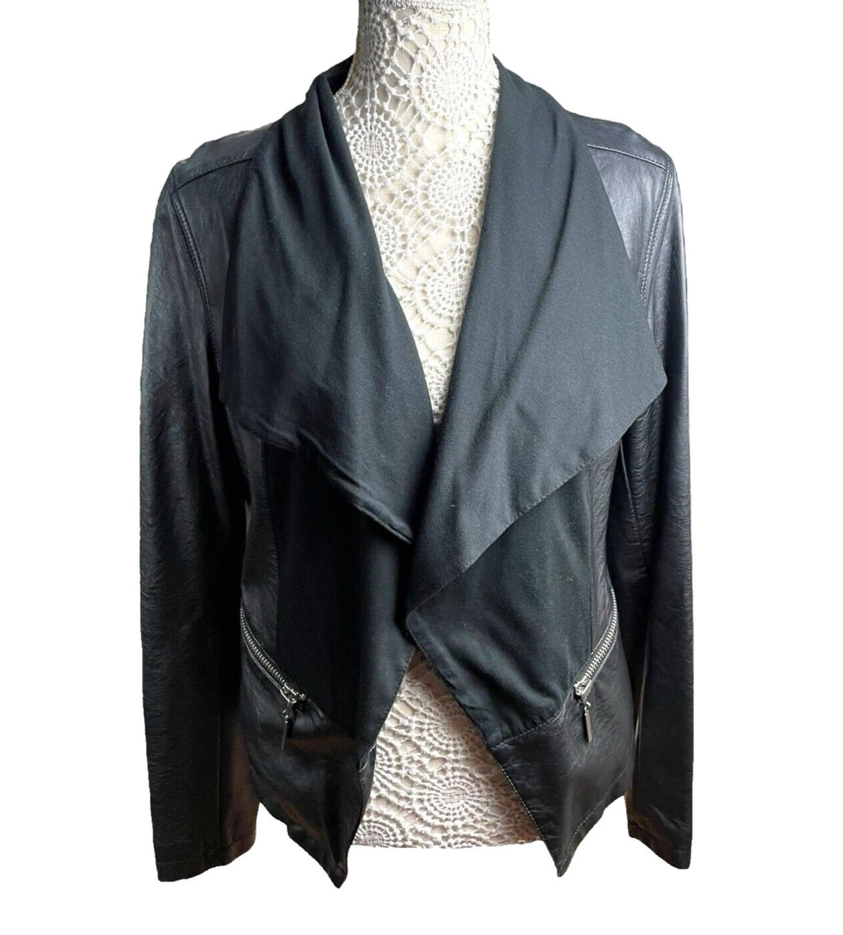 Lipsy Black Faux Leather Biker Jacket Collared Open Front Women’s UK Size 12