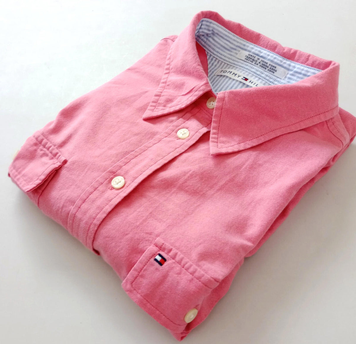 Tommy Hilfiger Shirt Men's UK Size S Pink Long Sleeve Pockets 100% Cotton