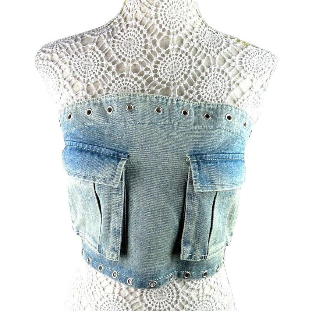 London Crew Light Wash Denim Crop Top Women's UK Size 8 Blue Pockets Shirred