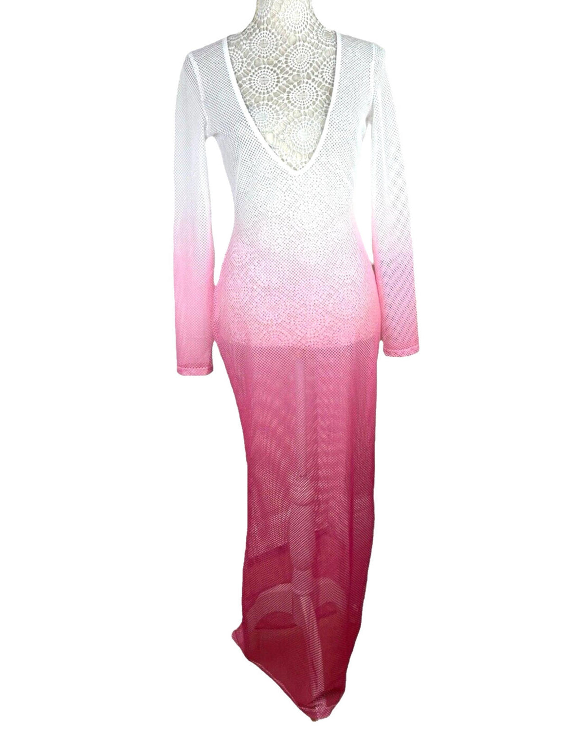 Maxi Dress Sheer Mesh Pink Ombré Low Cut Long Sleeve Women’s UK Size 10