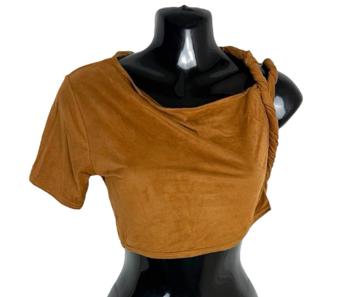 Pretty Little Thing Brown Pretty Little Thing Faux Suede T-shirt Top Cropped One Sleeve Women's UK Size 8
