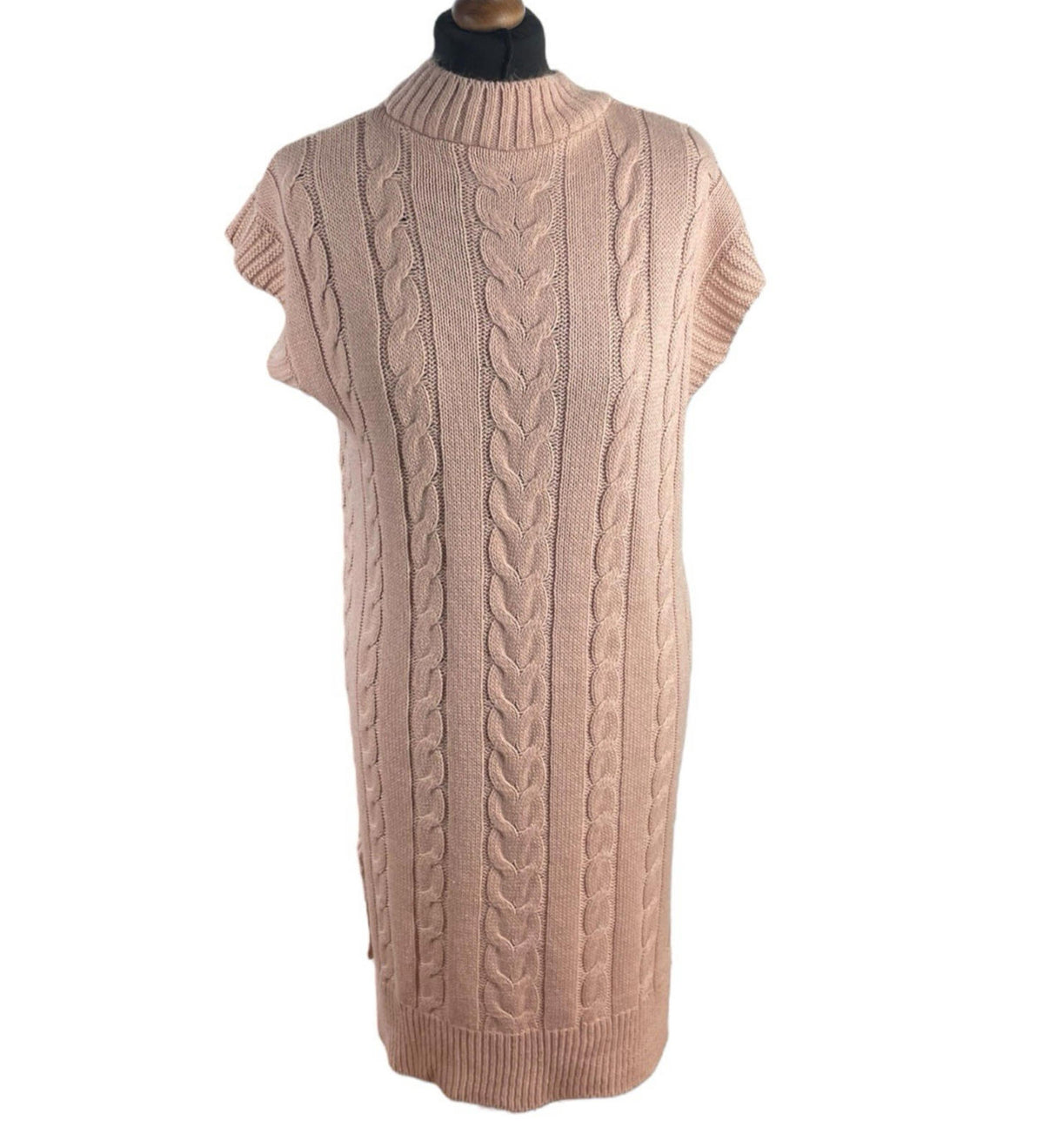Pink Sleeveless Jumper Dress Knee Length Aran Knit Women's UK Size M